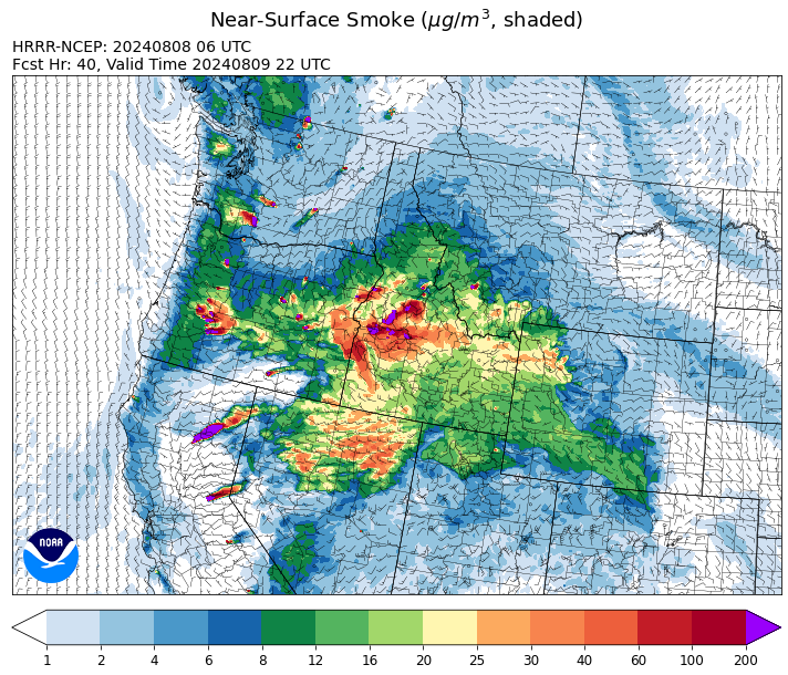 By late Friday, the HRRR smoke model shows smoke from wildfires burning in Idaho, Washington, and Oregon drifting into Southwest Montana.